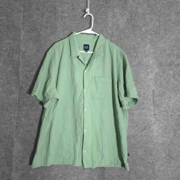 GAP Other - Gap Seersucker Shirt Mens XXL Green Short Sleeve Button Down Camp Collar Cotton